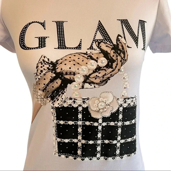 Glam Bling Bling Studded Top Short Sleeve White - Picture 5 of 7